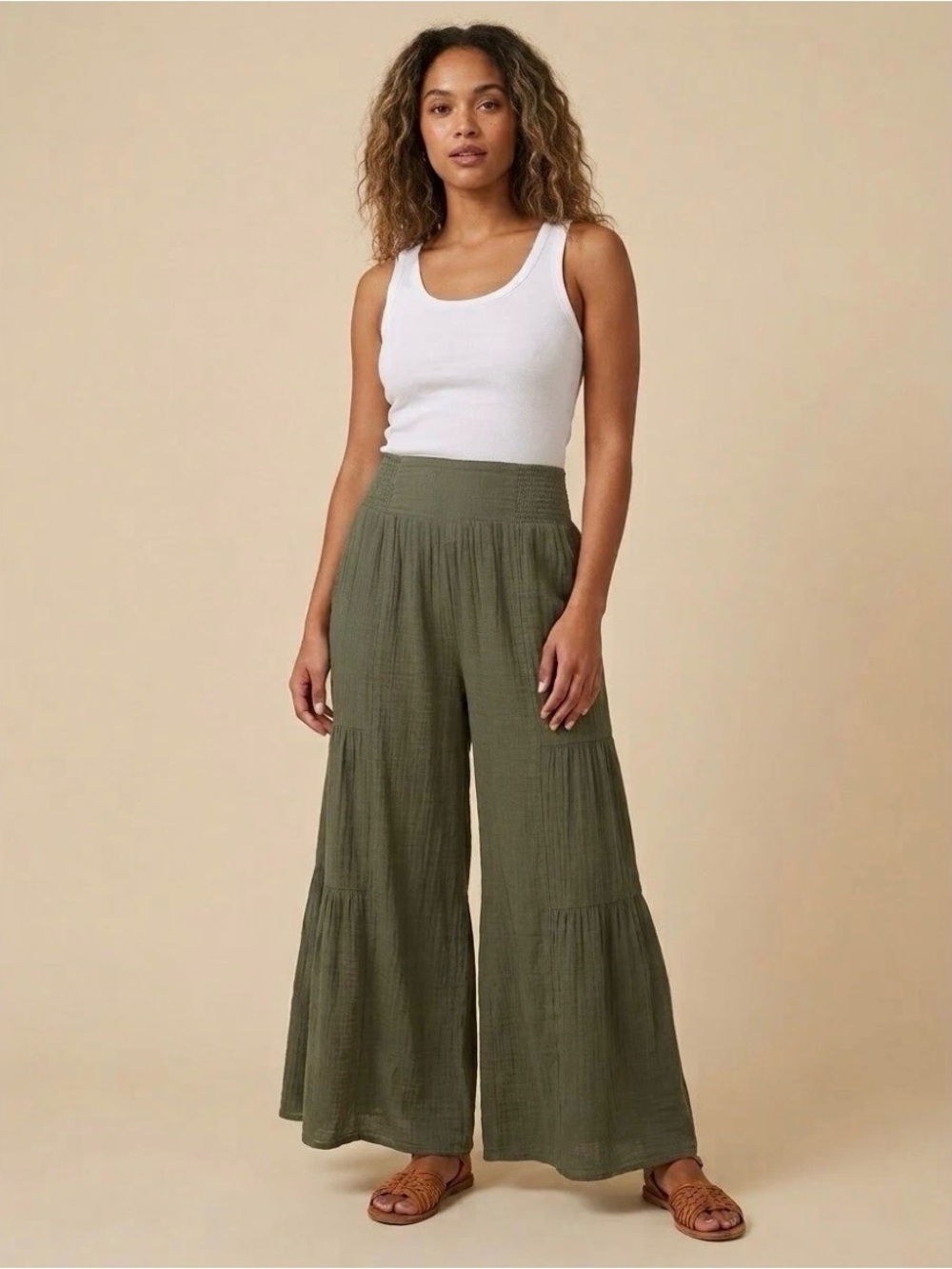 Nanette Lepore Boho Preppy Green Gauze Flowy High-Waisted Pants Size M